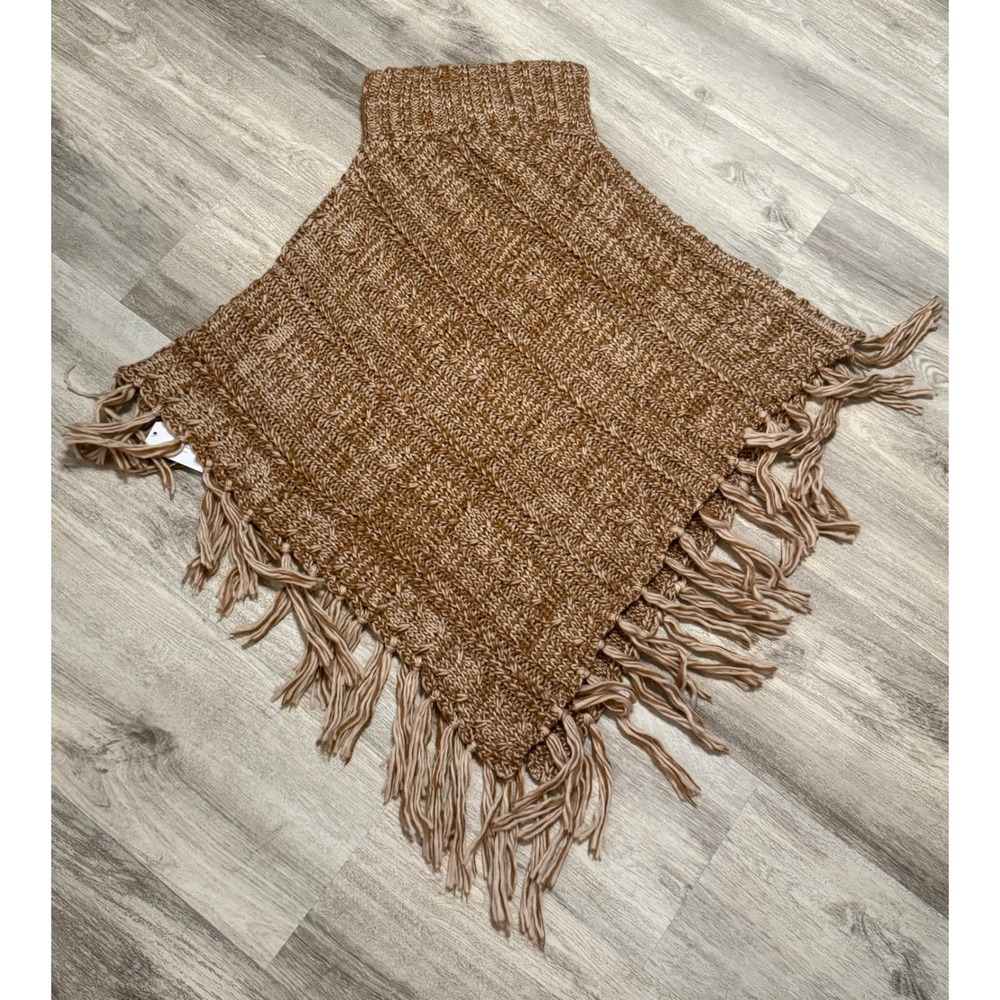 T7 Turtleneck Poncho One Size Brown Knit Fringe Sweater Shawl Wrap